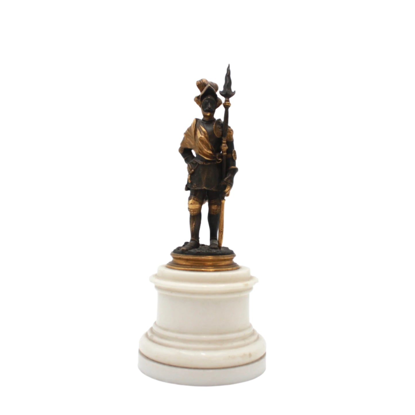 Antique French Bronze Renaissance Soldier Figure on Marble and Giltwood Base Circa 1880