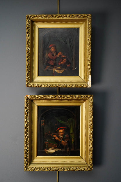 Antique Dutch Genre Oil on Metal Painting, “The Scholar” Pendant to “The Dentist”