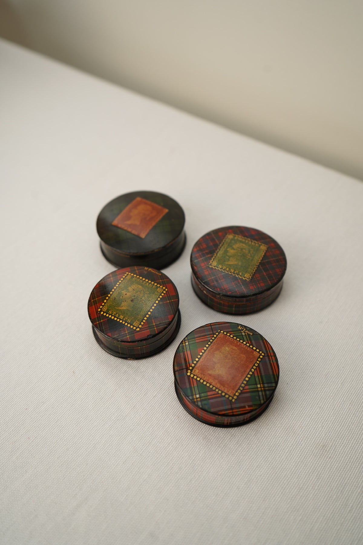 Victorian Scottish Tartanware Stamp Boxes with Queen Victoria Motifs, M'Lean