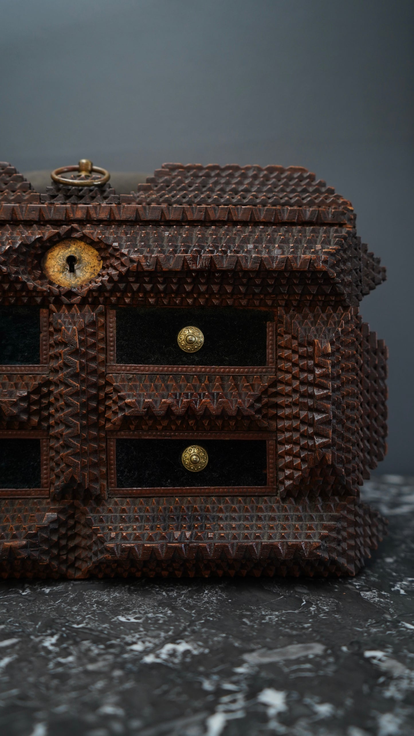 Antique Tramp Art Sewing Box with Drawers and Mirror, Hand-Carved Folk Art Keepsake Chest, Late 19th Century