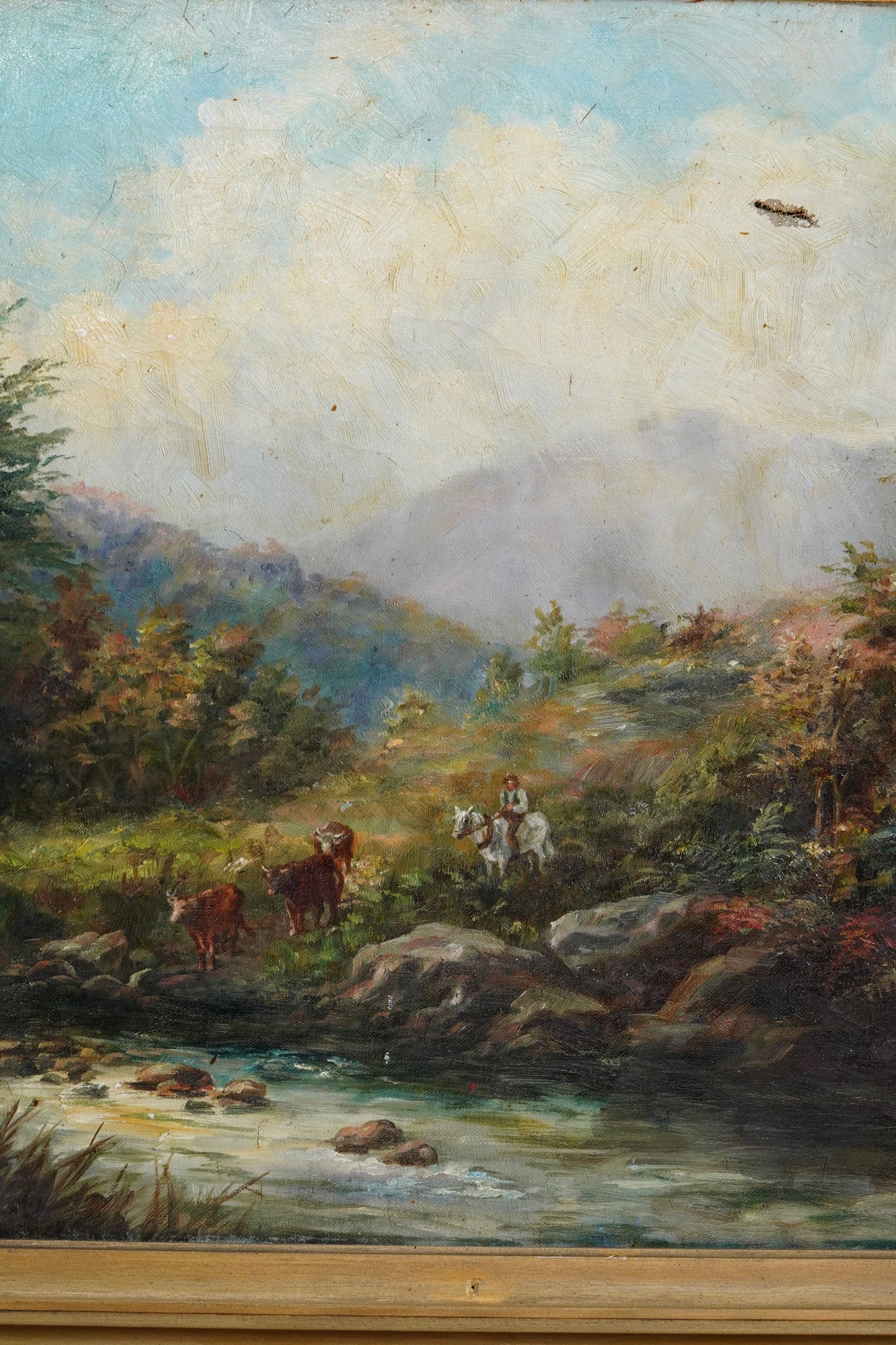 19th Century British River Landscape with Cattle and Drover, Oil on Canvas