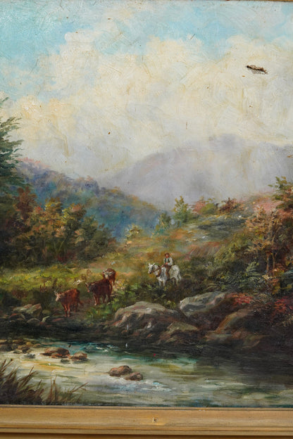 19th Century British River Landscape with Cattle and Drover, Oil on Canvas