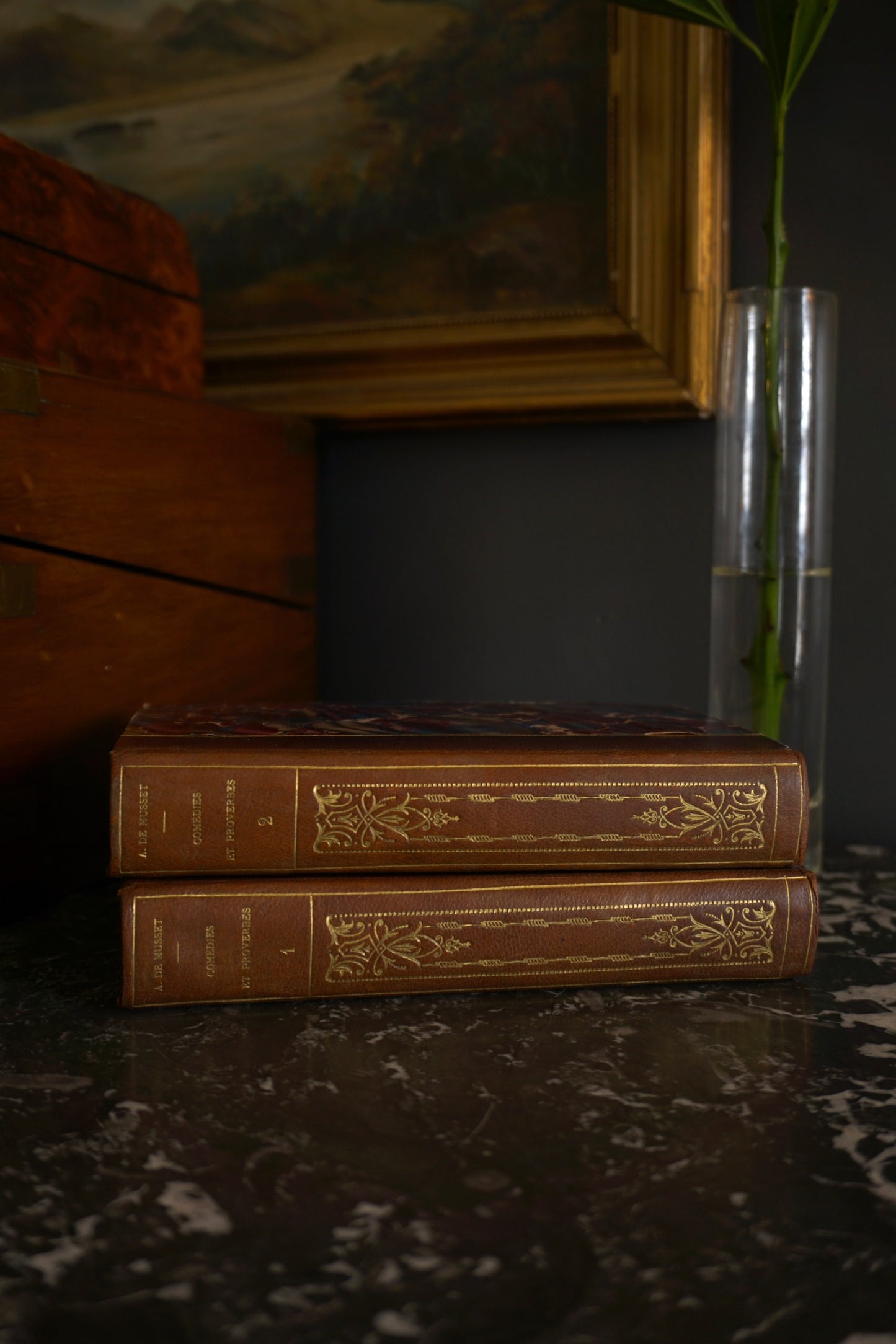 2 Vol. "Comédies et Proverbes" French Half Purple Leather Books