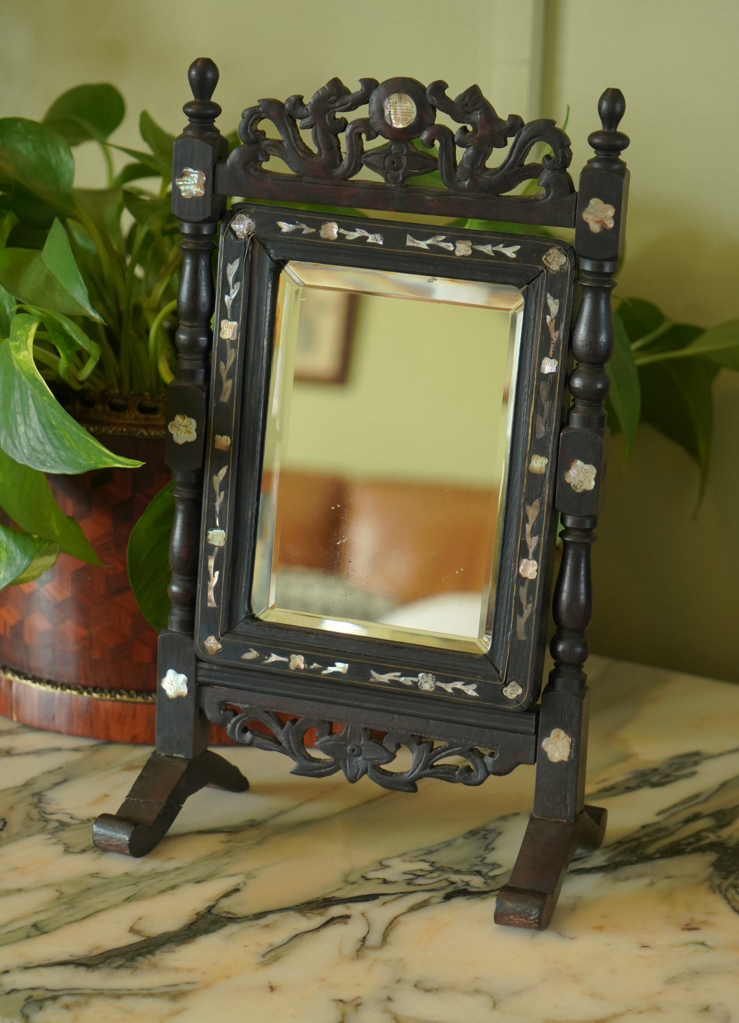 Antique Ebonized Wood & Mother-of-Pearl Vanity Tabletop Mirror