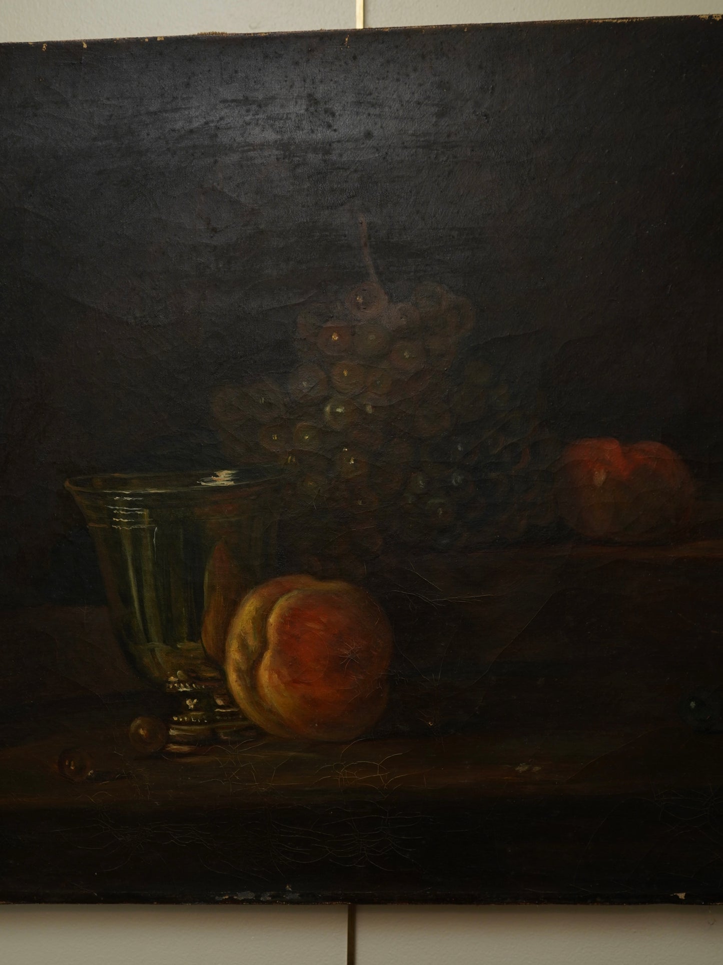 Early 20th Century Oil Painting After Chardin – Still Life with Silver Goblet, Peach & Grapes