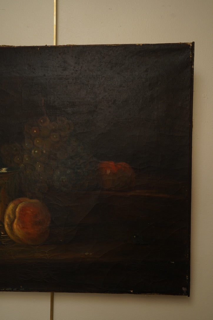 Early 20th Century Oil Painting After Chardin – Still Life with Silver Goblet, Peach & Grapes