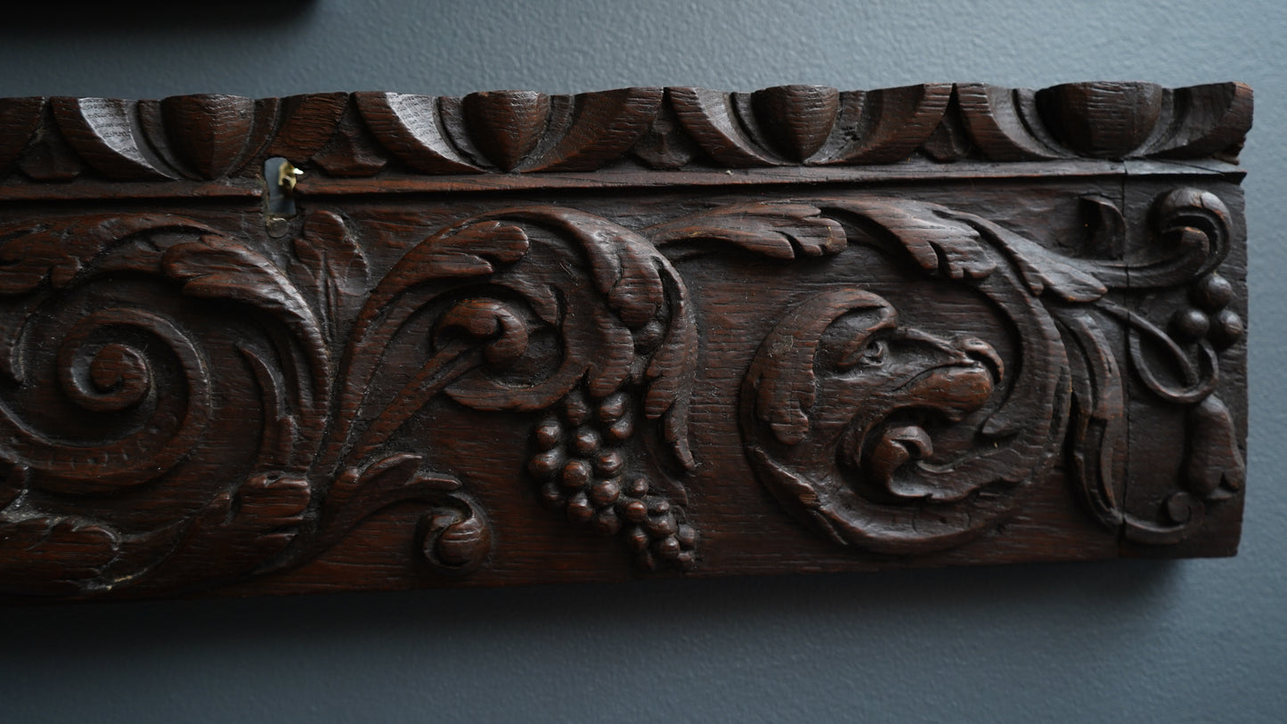Antique Carved Oak Drawer Front | Renaissance Revival Lion, Grapevine & Acanthus | Architectural Salvage Wall Plaque c.1870–1900