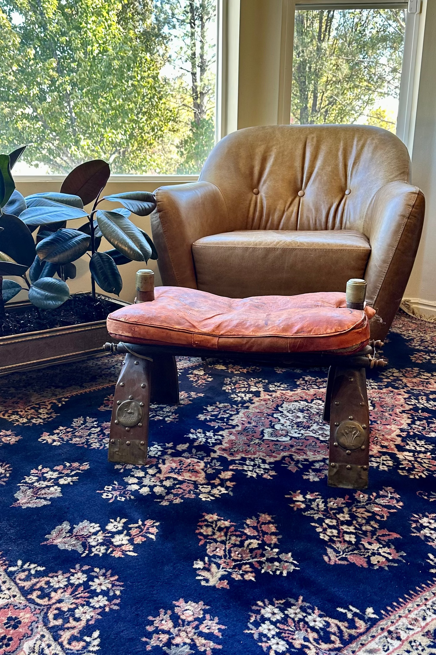 Vintage Middle Eastern Camel Saddle Stool with Embossed Leather Cushion & Brass Accents (c. 1950s)