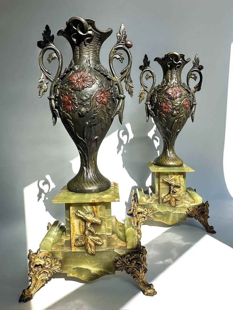 Pair of Antique French Neoclassical Spelter and Onyx Urns with Gilt Brass Accents