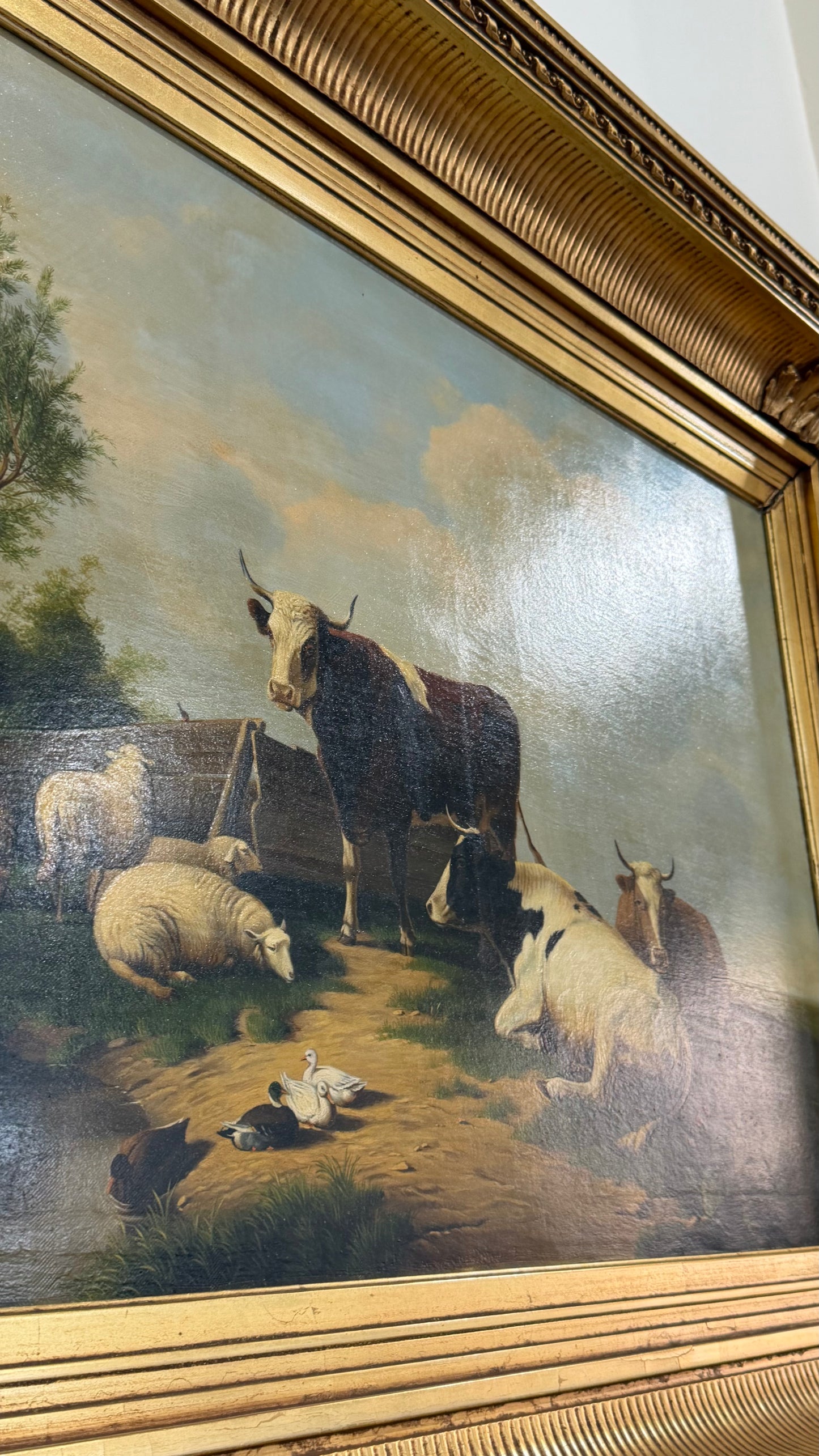 Antique Signed Dutch Oil Painting of Cows and Sheep in Meadow