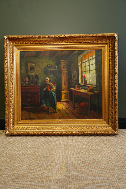 Antique Belgian Interior Oil Painting