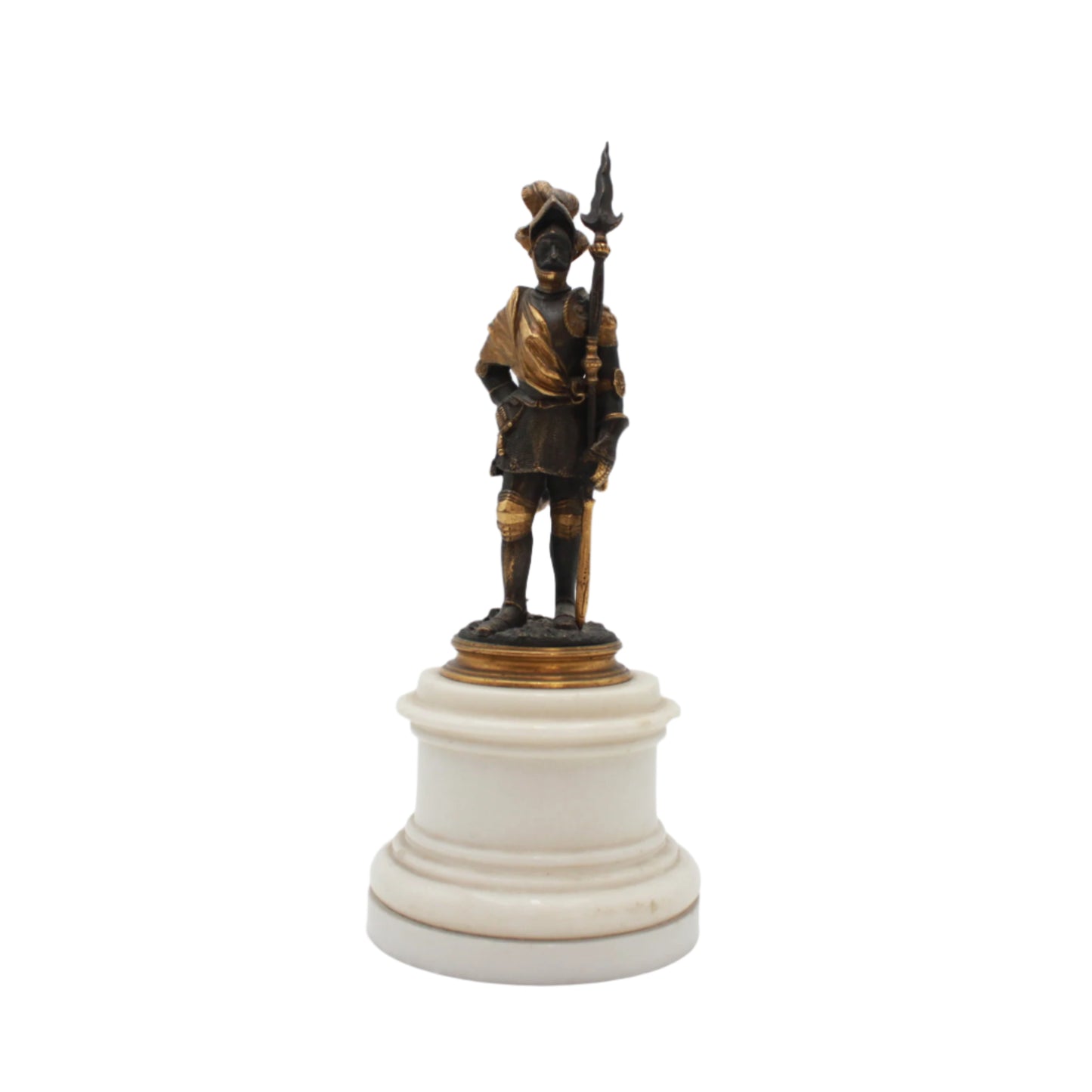 Antique French Bronze Renaissance Soldier Figure on Marble and Giltwood Base Circa 1880