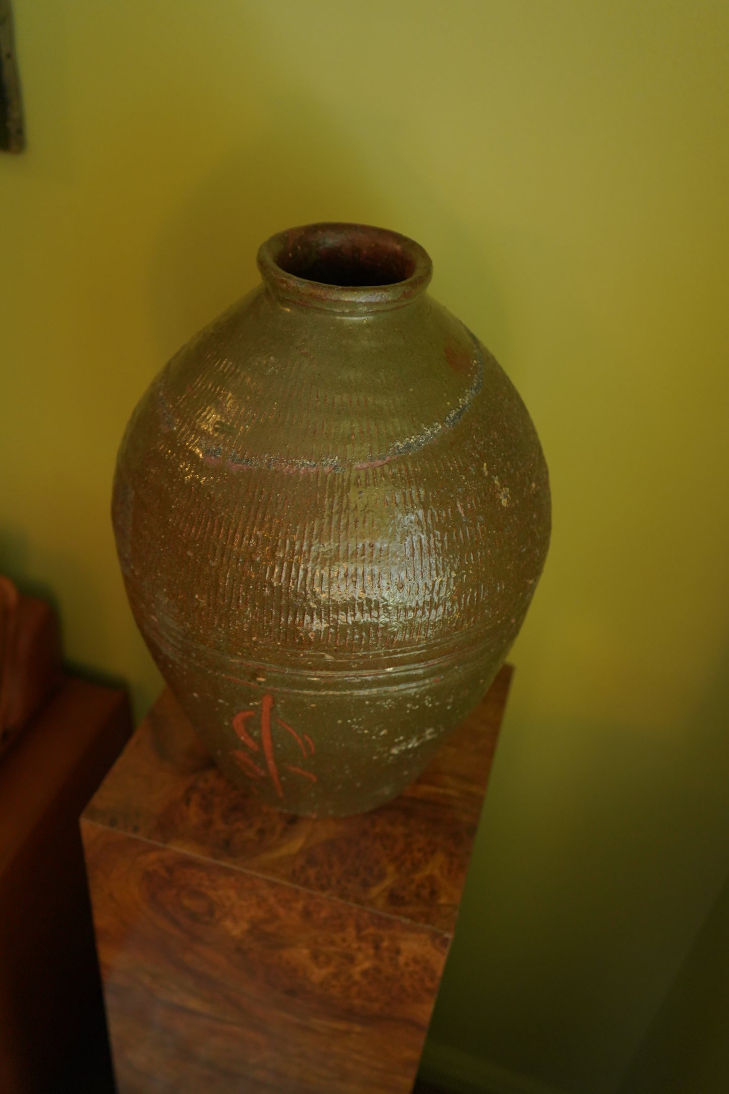Vintage Chinese Stoneware Oil Jar with Ash Glaze, Rustic Pottery Vessel, 14.25 Inches