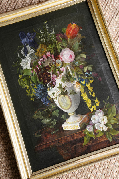Antique Floral Still Life Oil Painting of Flowers in a Porcelain Urn
