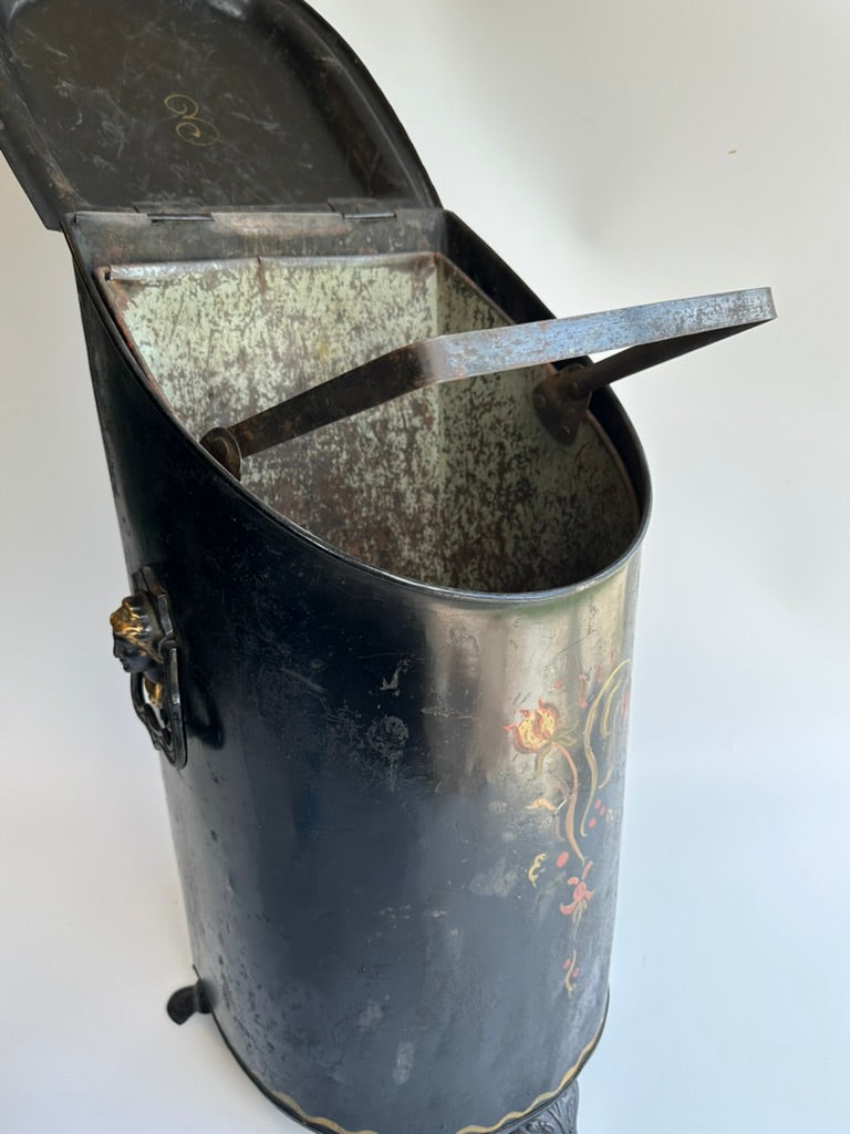 Antique European Hand‑Painted Tole Coal Scuttle | Victorian Fireplace Bucket, c.1880