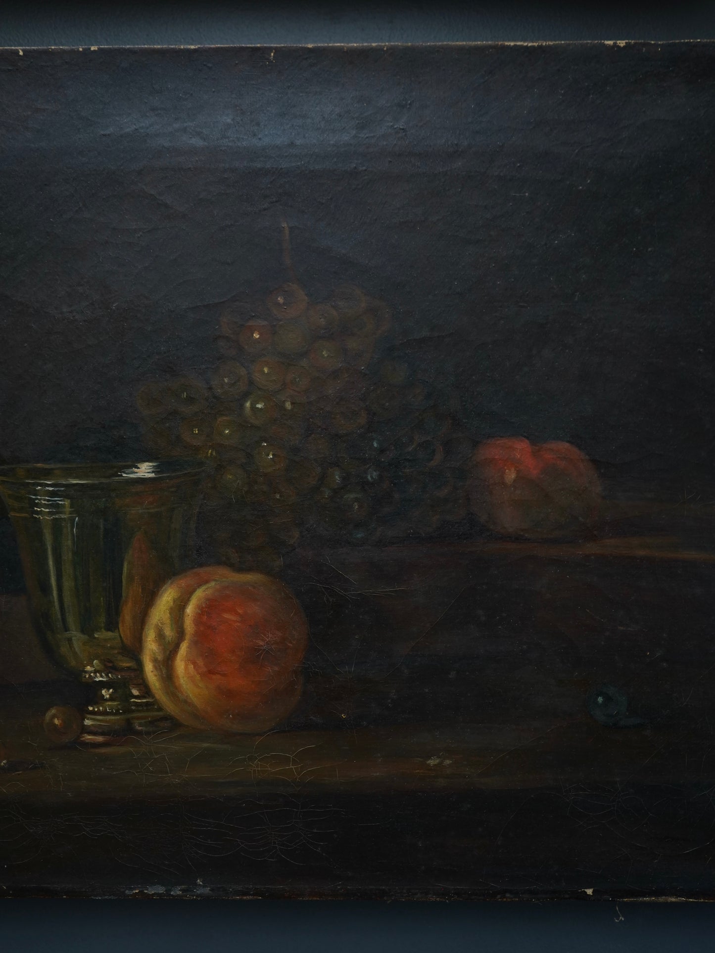Early 20th Century Oil Painting After Chardin – Still Life with Silver Goblet, Peach & Grapes