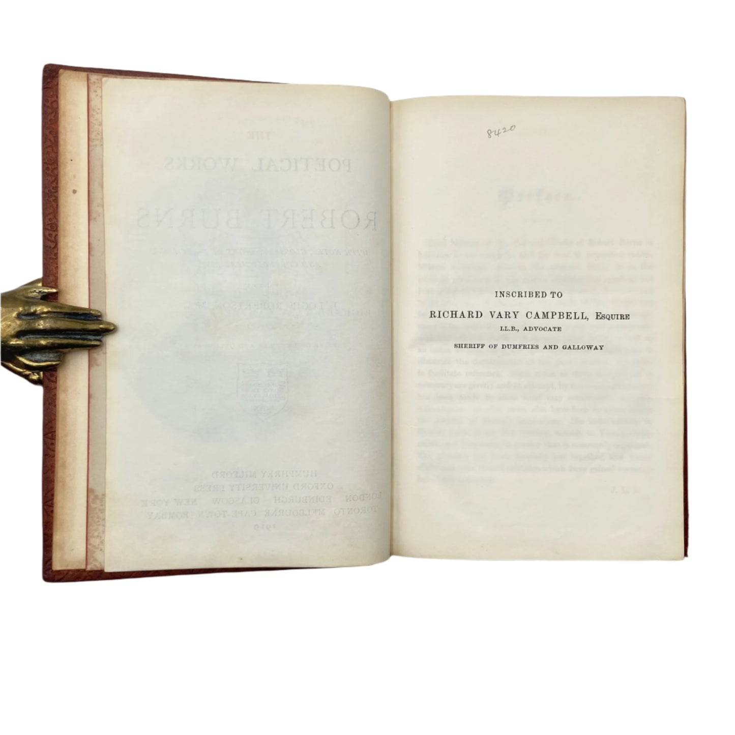 1919 "The Poetical Works of Robert Burns" Brown Full Leather Prize Binding Book