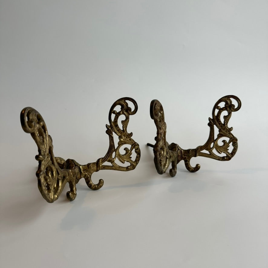 Large Antique Late-Victorian Cast-Brass Filigree Double Wall Hooks (Pair)