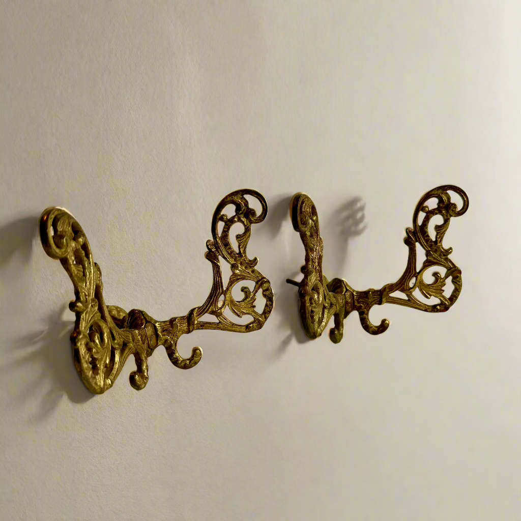 Large Antique Late-Victorian Cast-Brass Filigree Double Wall Hooks (Pair)