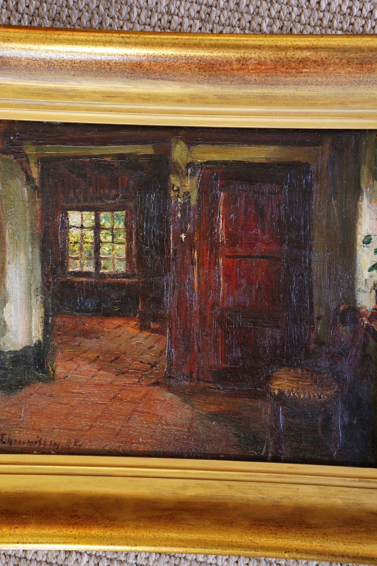 Antique Belgian Interior Oil Painting, Signed
