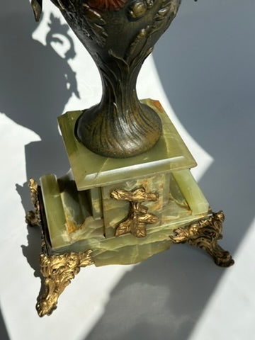 Pair of Antique French Neoclassical Spelter and Onyx Urns with Gilt Brass Accents