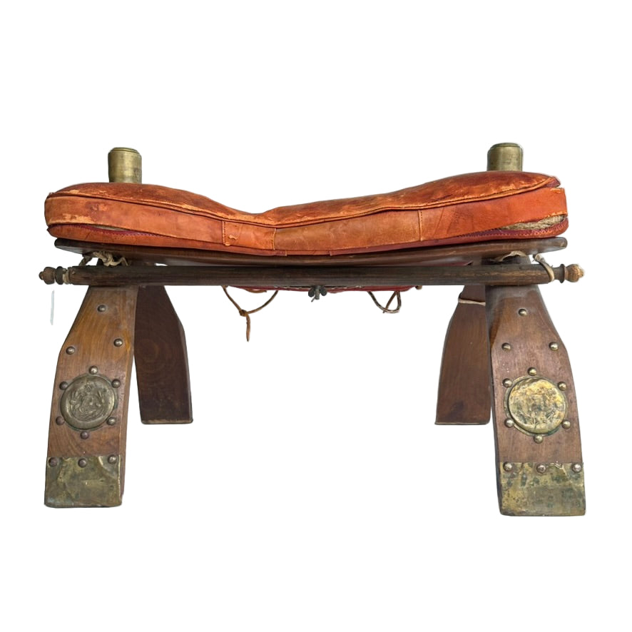 Vintage Middle Eastern Camel Saddle Stool with Embossed Leather Cushion & Brass Accents (c. 1950s)