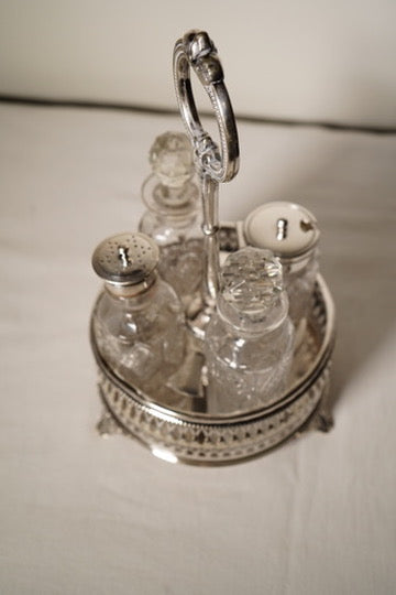 Antique Victorian Silver Plated Cruet Set with Four Cut Glass Bottles, English, c. 1880–1910