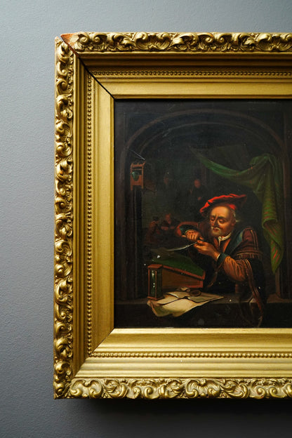 Antique Dutch Genre Oil on Metal Painting, “The Scholar” Pendant to “The Dentist”