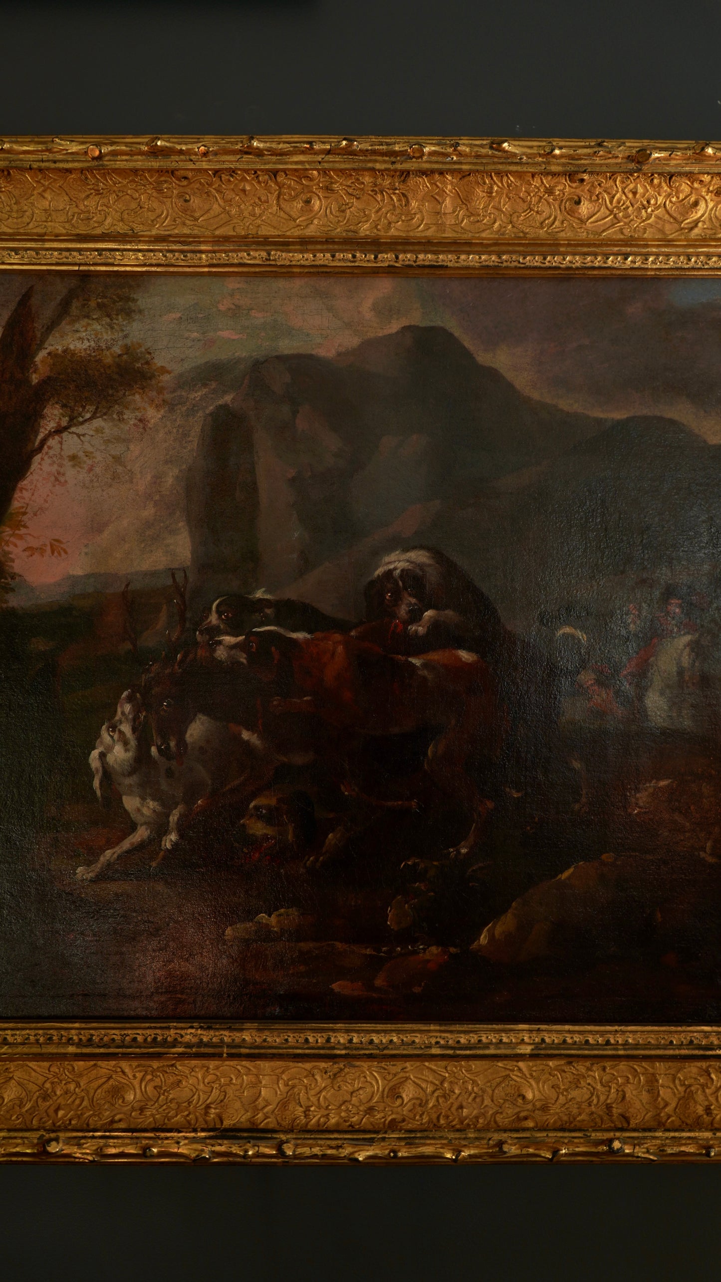 “Hounds Hunting Stag” – 18th Century French Oil Painting Attributed to the Fontainebleau Tradition