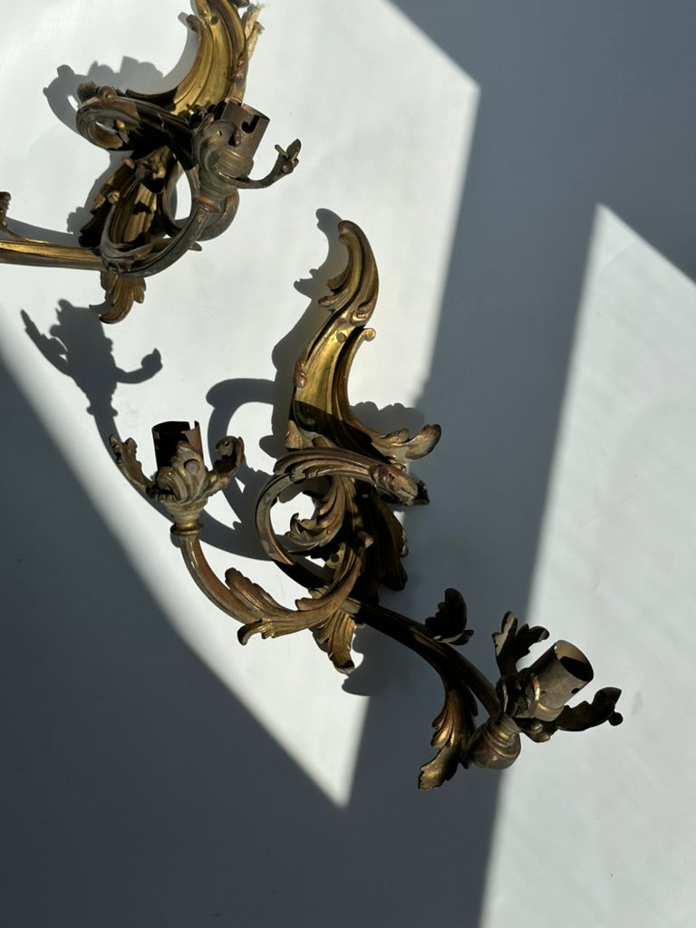 Antique French Rococo Gilt Bronze Wall Sconces (Pair) | Antique French Bronze Wall Lighting