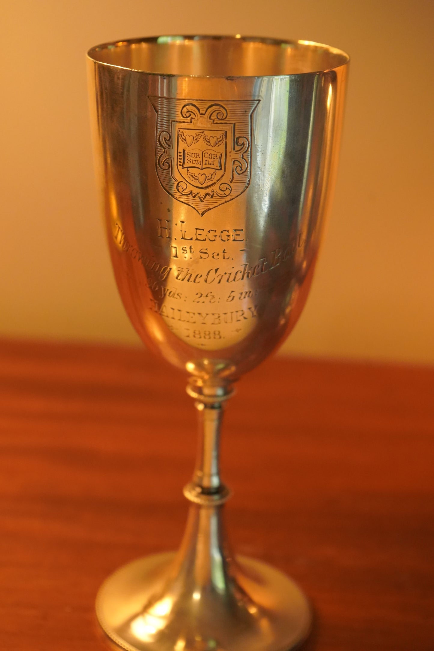 Antique English Silver Plated Trophy Goblet, "Haileybury College Throwing Cricket Ball Trophy Victorian 1888"