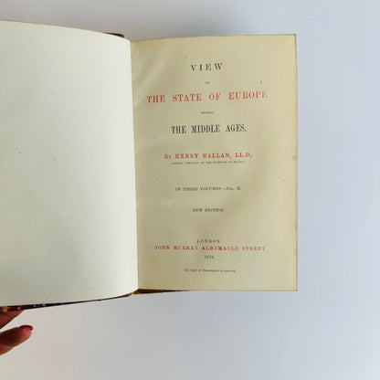 3 Vols, 1878 "View of the State of Europe During the Middle Ages" Half Leather Books