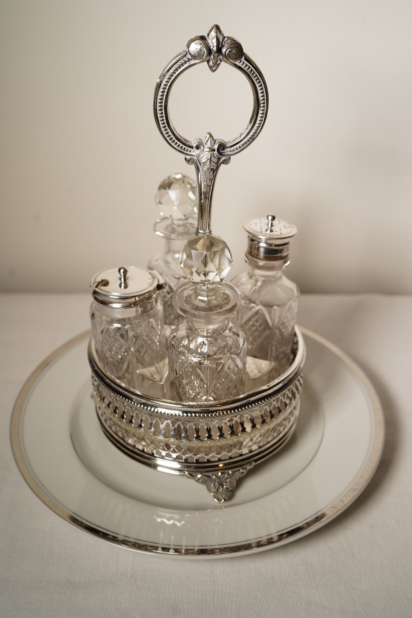 Antique Victorian Silver Plated Cruet Set with Four Cut Glass Bottles, English, c. 1880–1910