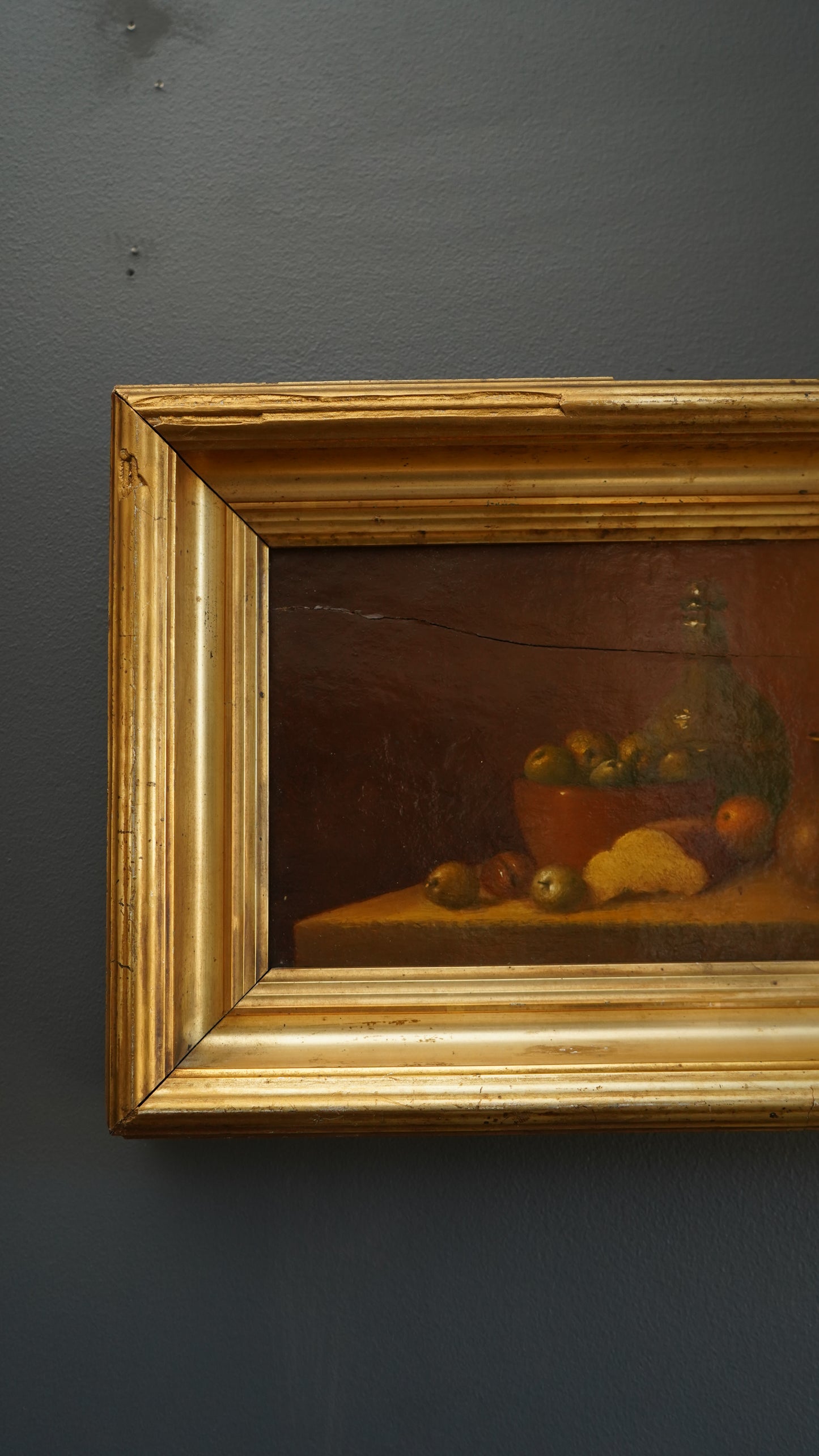 “The Bowl of Apples” by Nicholas Marsh, dated 1958 | English Still Life Oil on Panel in Antique Gilt Frame