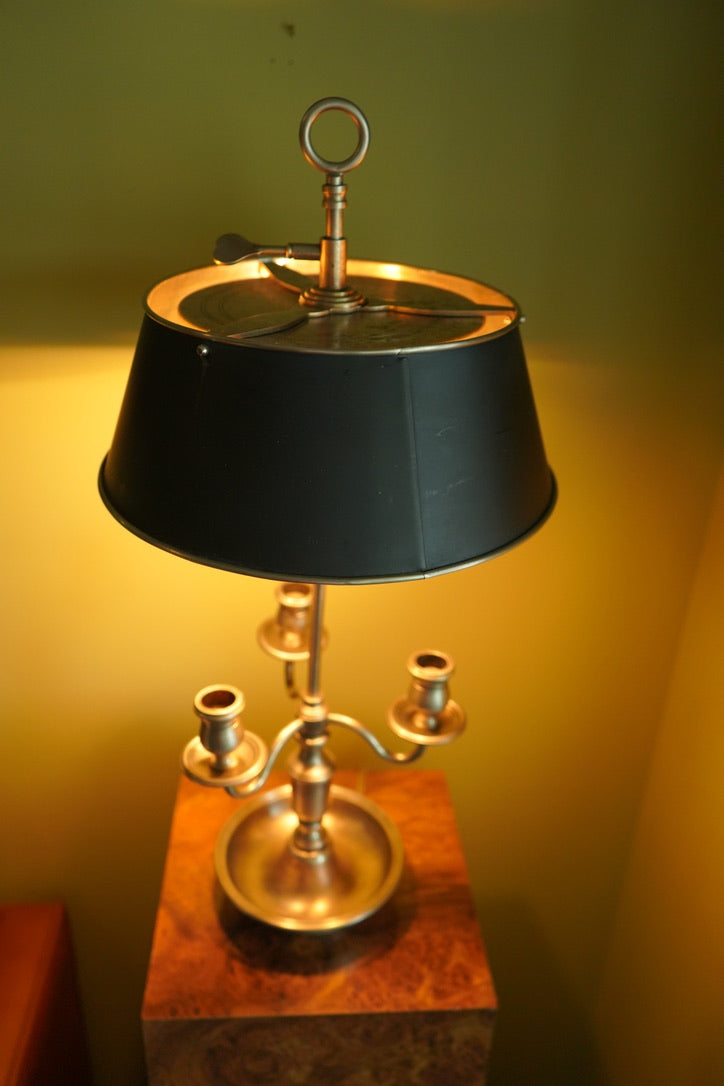 Bouillotte-Style Pewter Lamp with Adjustable Metal Shade & Dual Light Settings