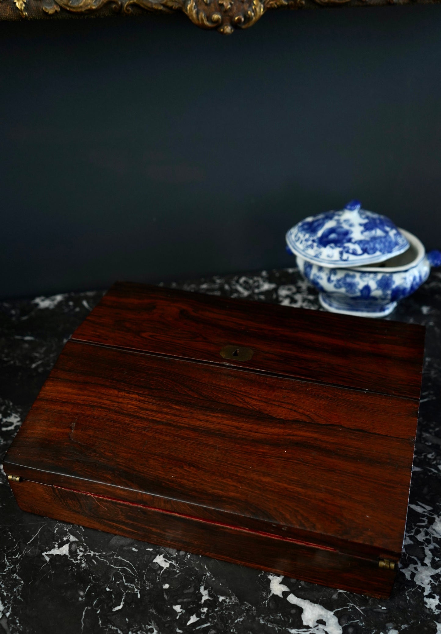 Antique Rosewood Writing Slope with Velvet Writing Surface and Inscriptions, Mid-19th Century