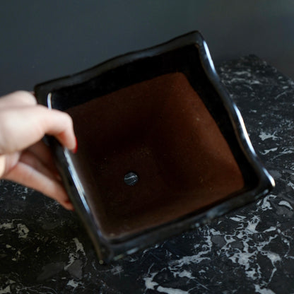 Mid-Century Japanese Black Tenmoku Glazed Terracotta Bonsai Pot | Wabi-Sabi Folk Craft Planter (8.75")