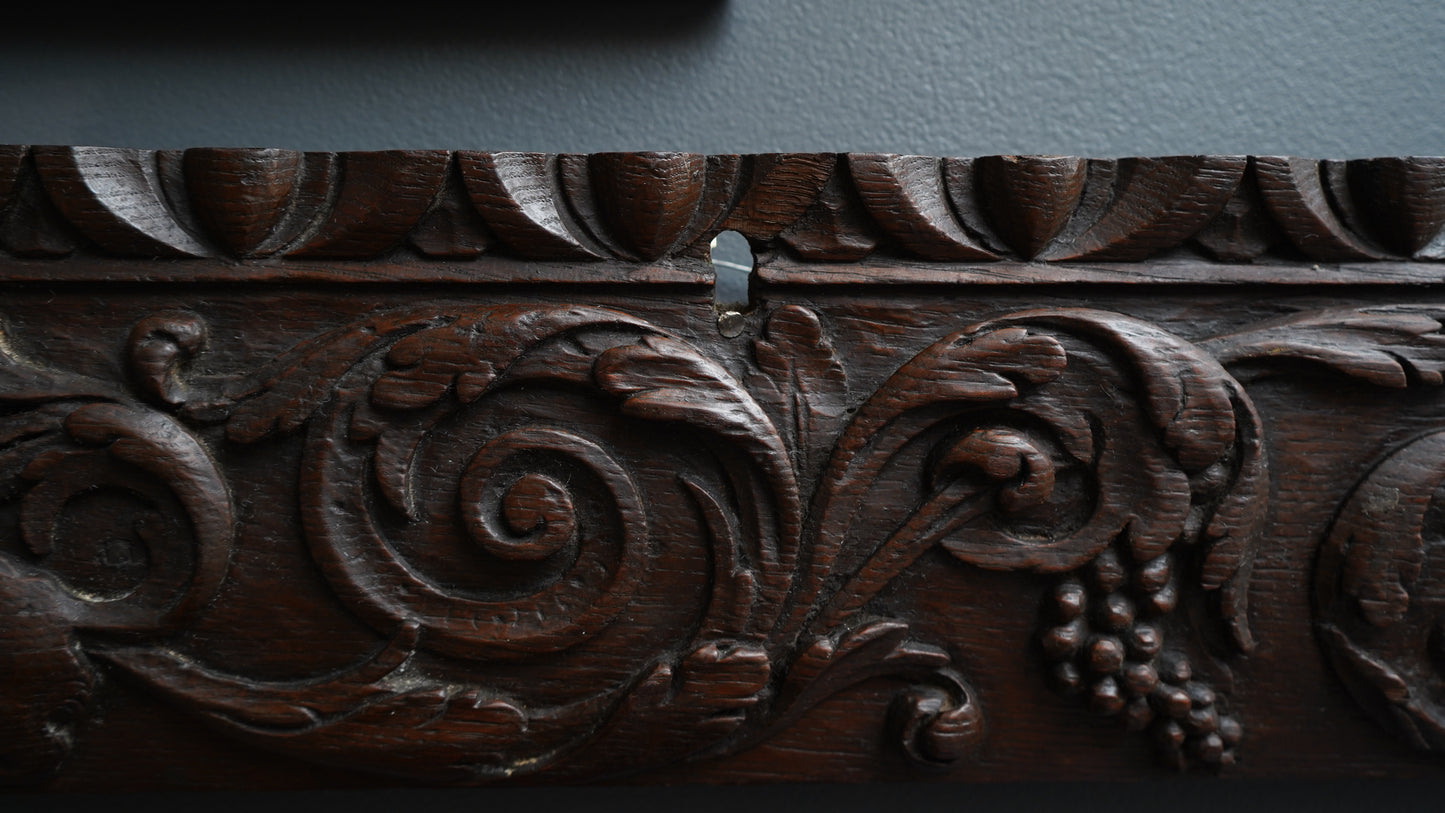 Antique Carved Oak Drawer Front | Renaissance Revival Lion, Grapevine & Acanthus | Architectural Salvage Wall Plaque c.1870–1900