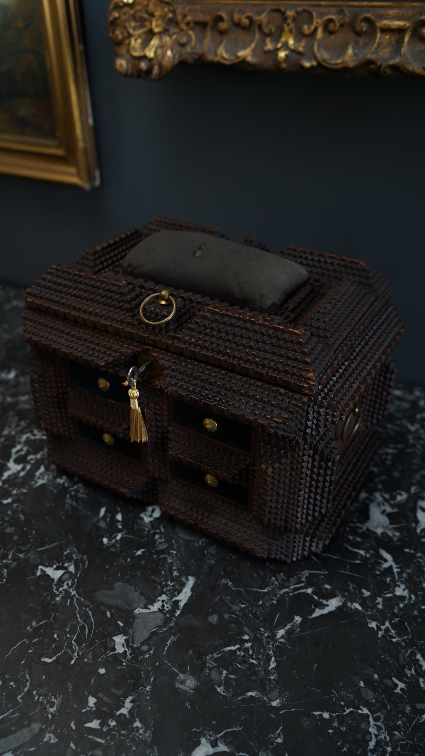 Antique Tramp Art Sewing Box with Drawers and Mirror, Hand-Carved Folk Art Keepsake Chest, Late 19th Century