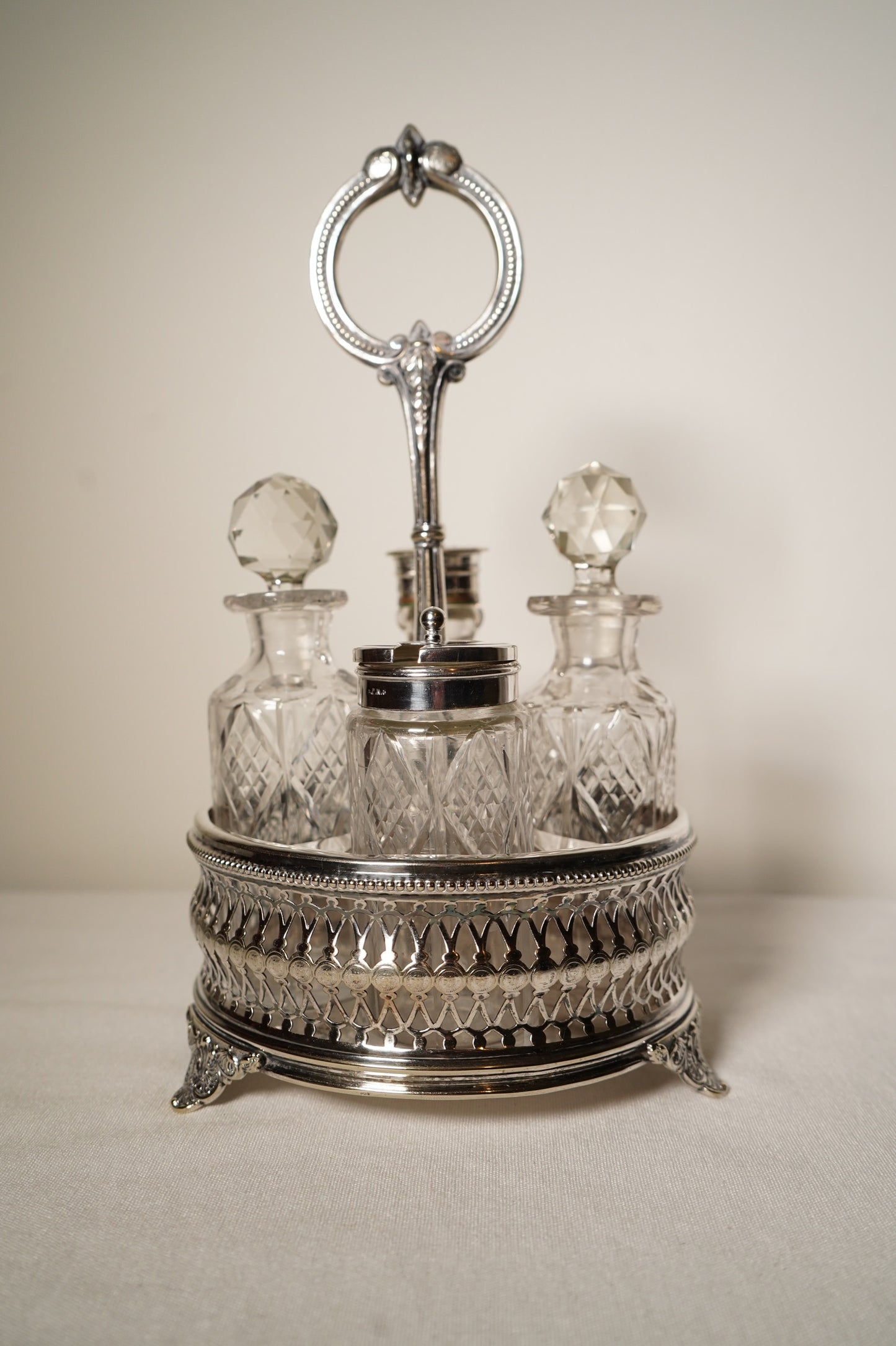 Antique Victorian Silver Plated Cruet Set with Four Cut Glass Bottles, English, c. 1880–1910