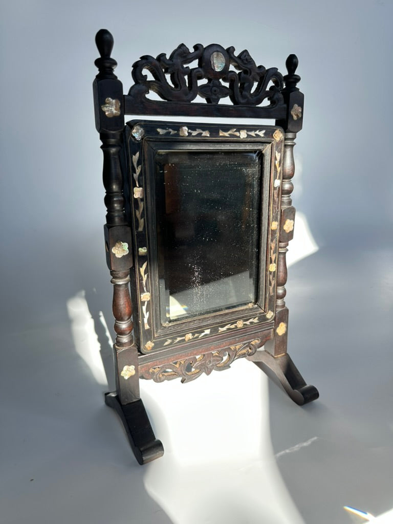 Antique Ebonized Wood & Mother-of-Pearl Vanity Tabletop Mirror