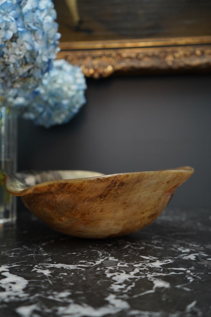 Antique Hand-Carved Horn Bowl | Natural Polished Horn Decorative Vessel