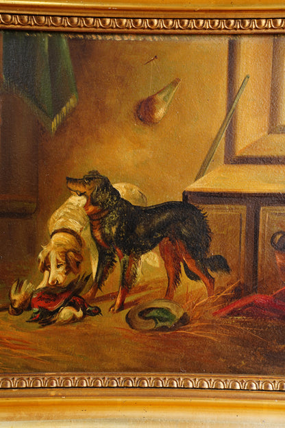 Antique European Hunting Dogs Interior Oil Painting, Circa 1890