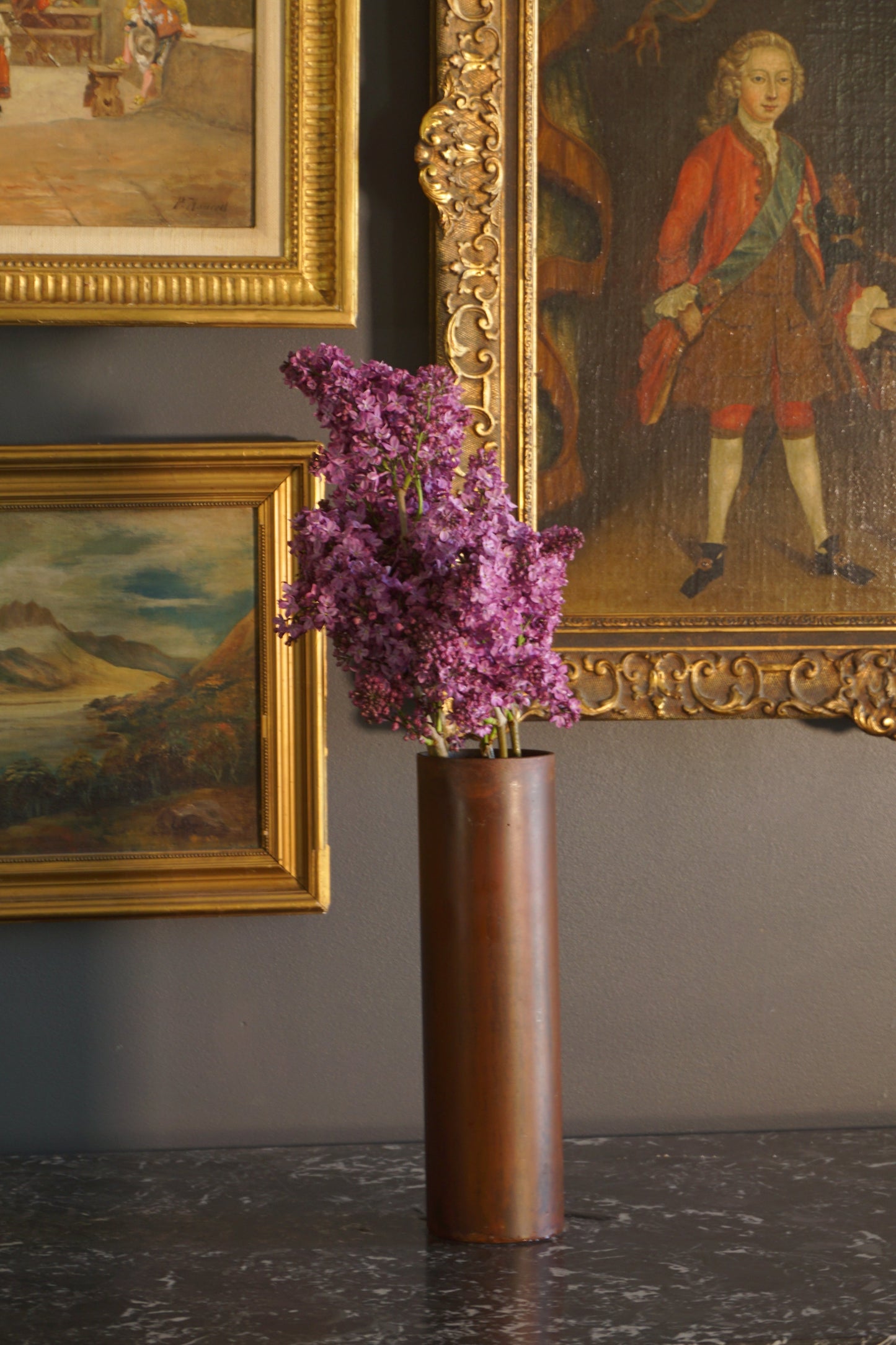 Mid-Century Modern Sculptural Metal Vase | Brutalist Cylinder Form, Painted Patina Finish