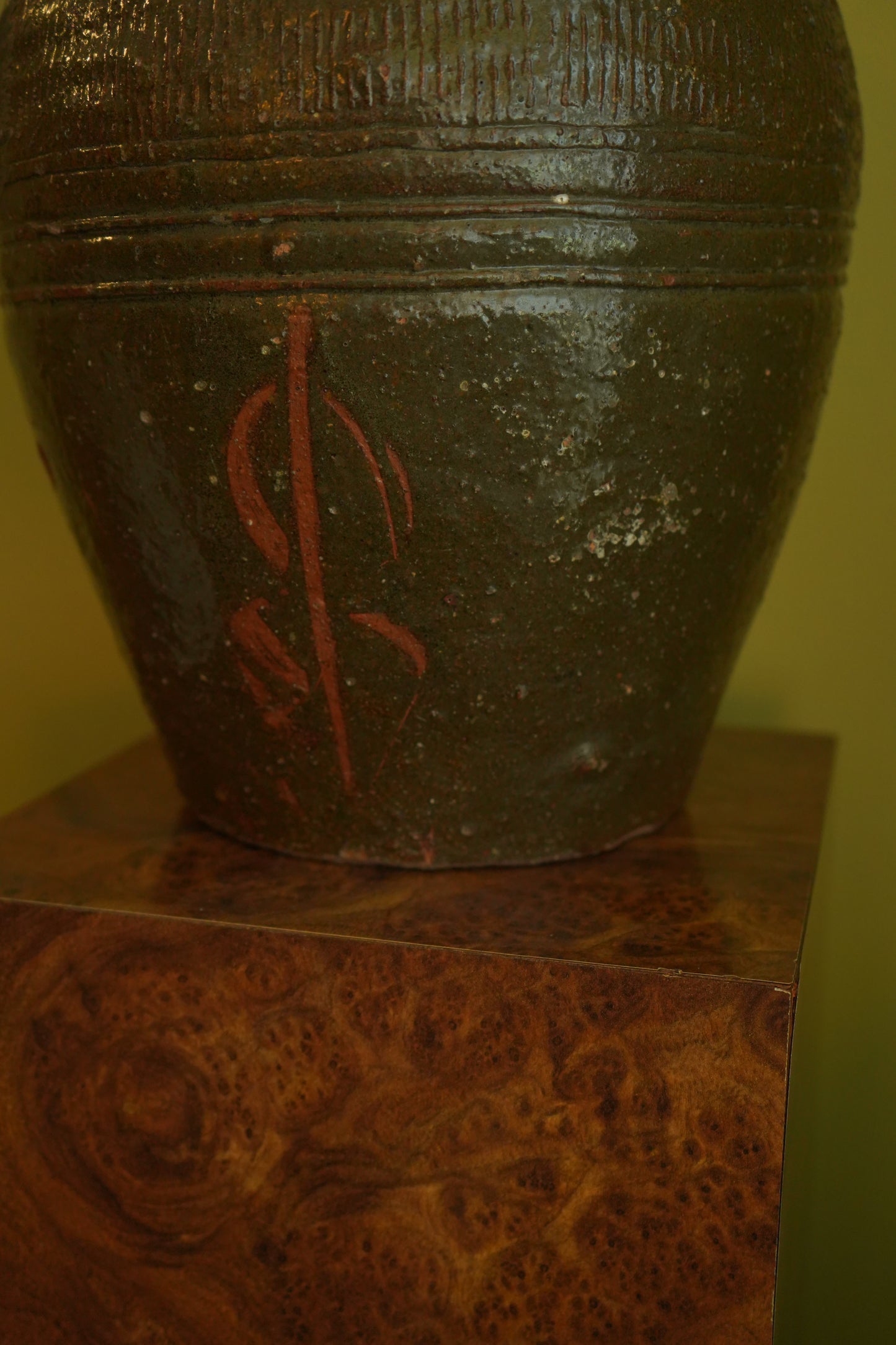 Vintage Chinese Stoneware Oil Jar with Ash Glaze, Rustic Pottery Vessel, 14.25 Inches