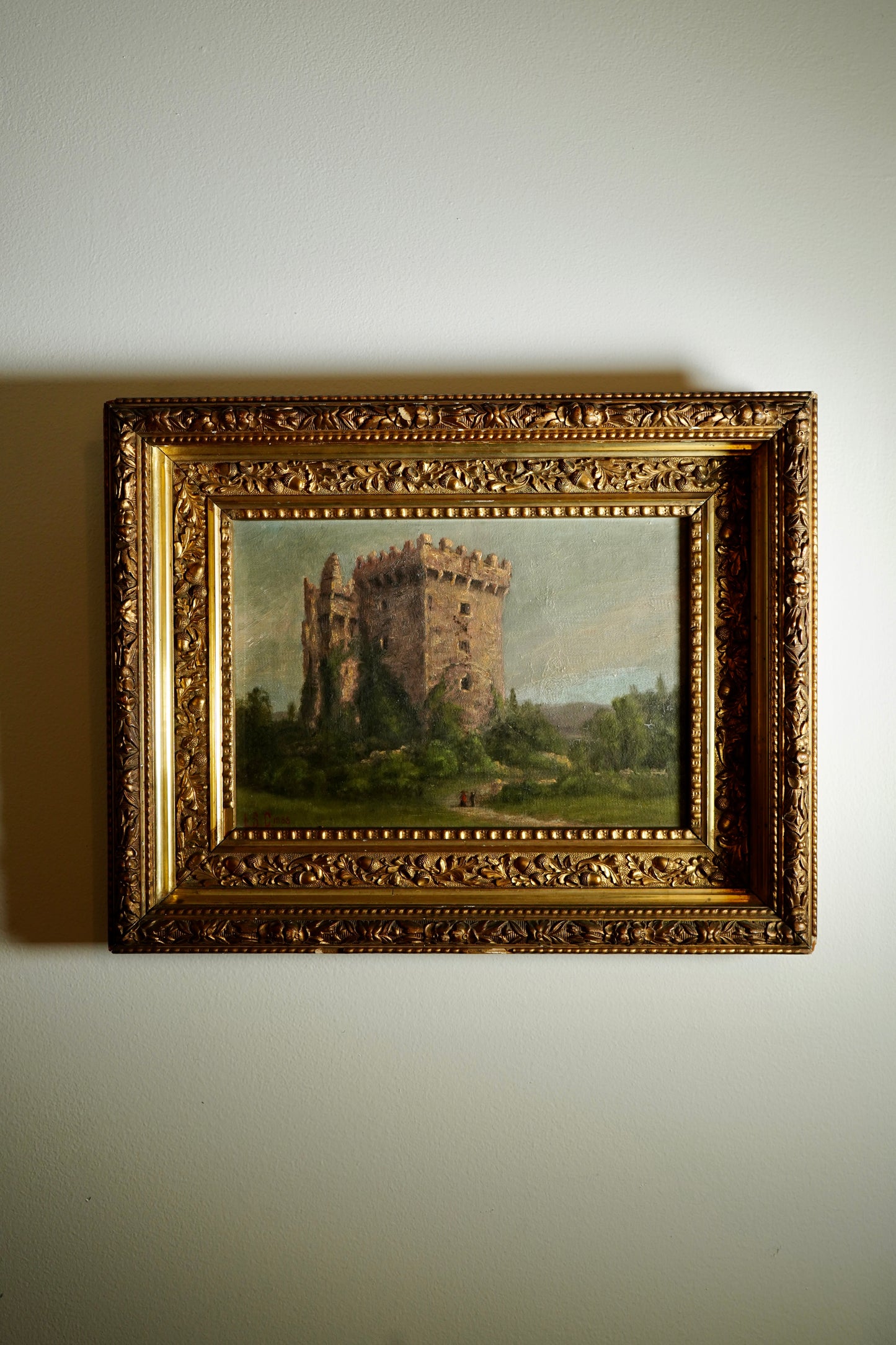 Victorian Irish Castle Ruin Oil Painting, Likely Blarney Castle, Signed L. S. C 1888, in Deep Gilt Frame