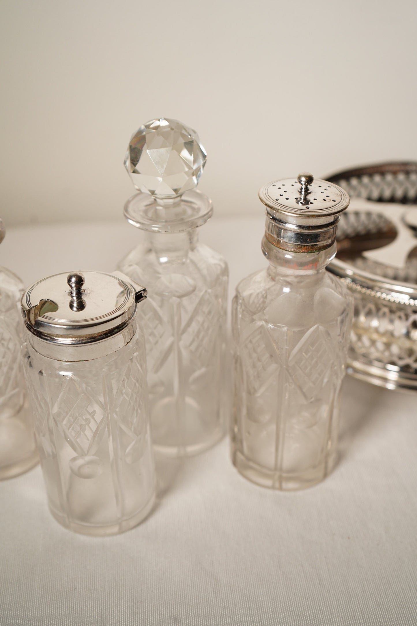 Antique Victorian Silver Plated Cruet Set with Four Cut Glass Bottles, English, c. 1880–1910