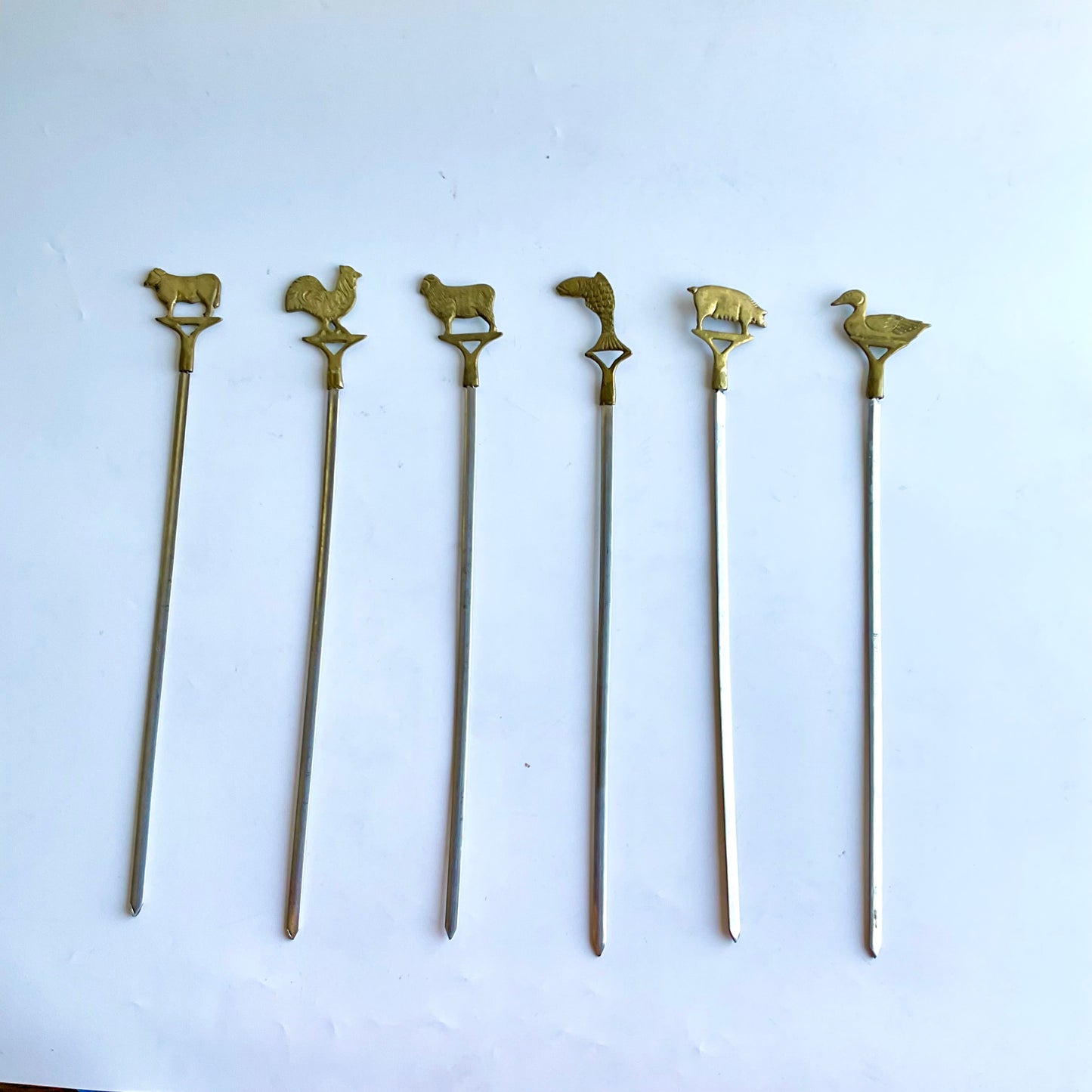 Mid-Century Brass Animal Meat Markers – Set of 6 Carving Skewers