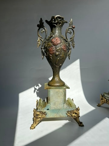 Pair of Antique French Neoclassical Spelter and Onyx Urns with Gilt Brass Accents