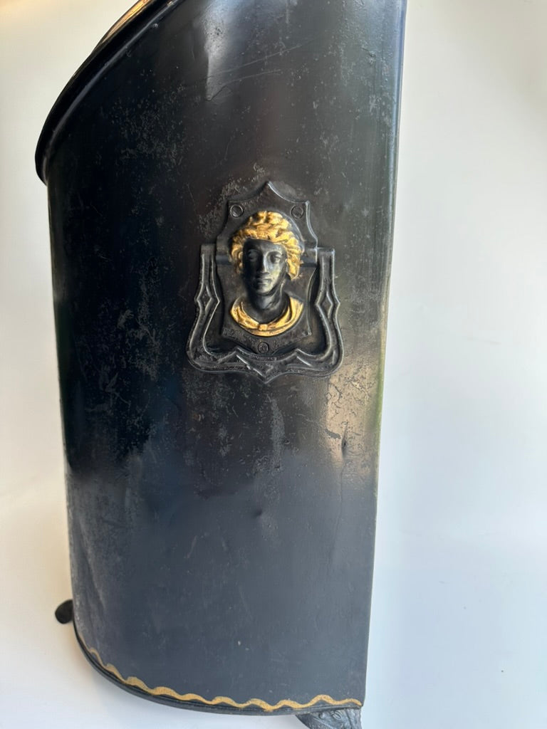 Antique European Hand‑Painted Tole Coal Scuttle | Victorian Fireplace Bucket, c.1880